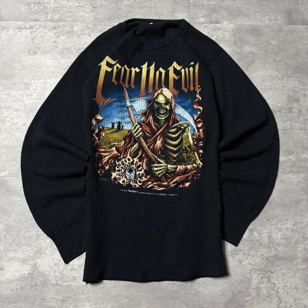 Y2K Vintage 90s 3D Emblem Grail Fear No Evil Black Waffle Knit Long Sleeve